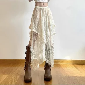 Asymmetrical Lace Mid Skirts Soft All-match Streetwear Style Party Boho Aesthetic