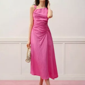 Asymmetrical Pleated With Ruched Waist Sleeveless Street Wear Midi Dress