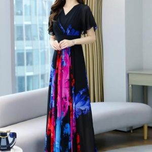 Bohemian Style Flower Printed Short Sleeve Chiffon Long Dress