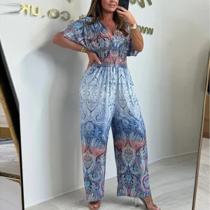 Boho Retro V-Neck Chic Batwing Sleeve Pattern Print High Waist Wide Leg Pant Jumpsuit