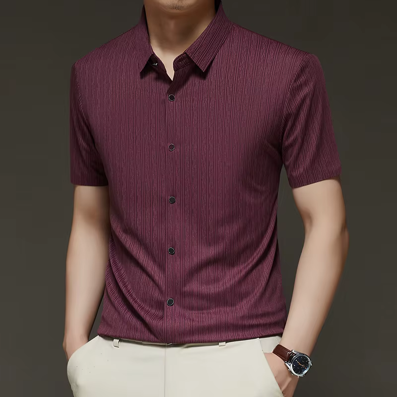 Business Style Leisure Seamless Short Sleeved Vertical Stripe Lapel Collar Shirt