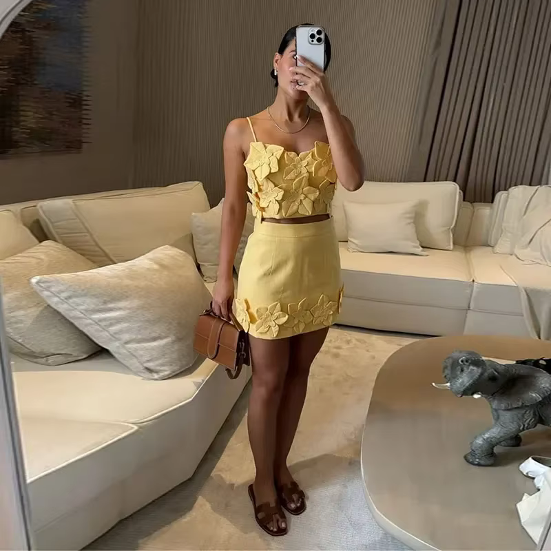 Casual 3d Flower Sleeveless Backless Crop Sling Vest High Waist A-line Mini Skirt Two Piece Sets