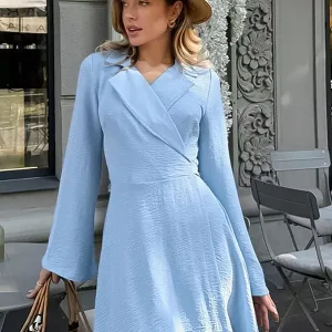 Casual Belted Wrap with Wide Long Sleeves Lapel Belted Mini Skater Dress