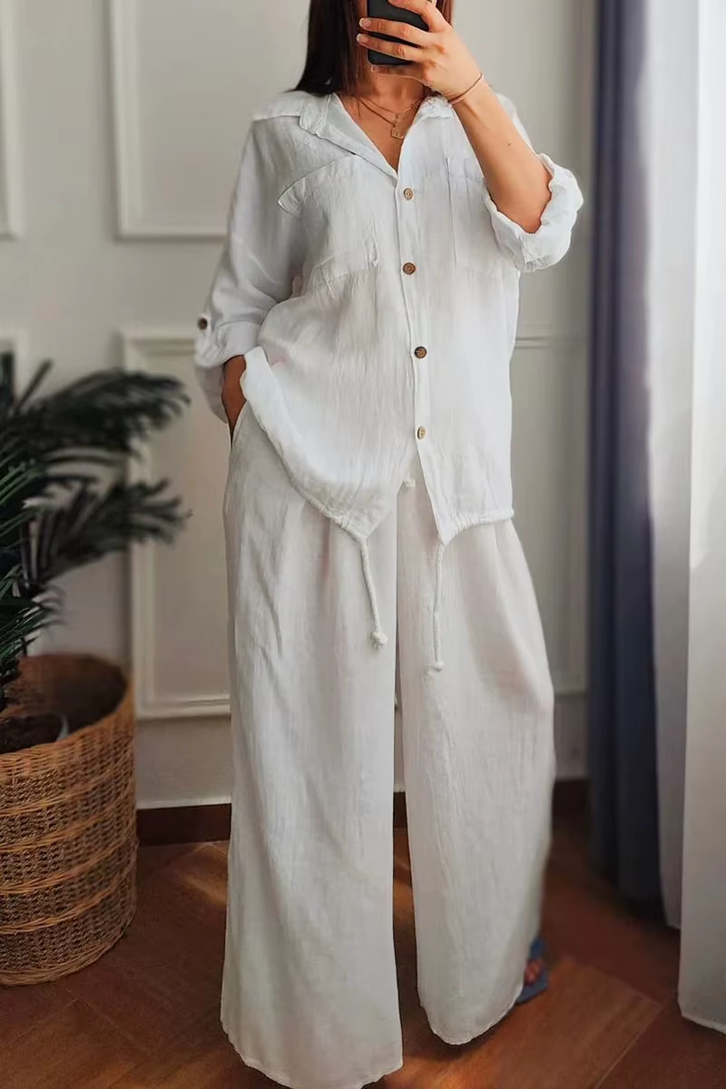 Casual Cotton And Hemp Commuting Style Loose Collar Top Wide Leg Pants Two Piece Set