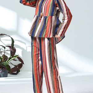 Casual Cotton Linen Striped Tops And Pants Set