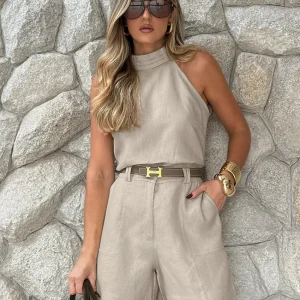 Casual Cotton O-Neck Sleepwear Sleeveless Crop Top And Pajamas 2 Piece Suit