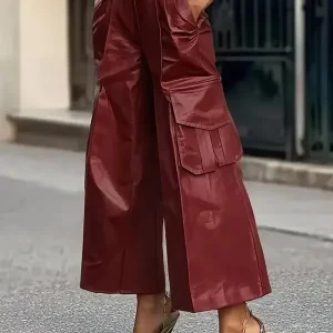 Casual Faux PU Leather High Waist Streetwear Wide Leg Trousers
