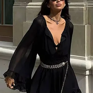 Casual Long Sleeve Button Ruffled High Waisted Pleated Mini Dress