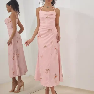 Casual Pleated Strap Floral Print Slip Midi Dress