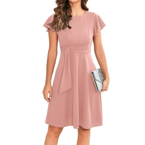 Casual Pleated Swing O Neck Dress Solid Color Loose MiniDress