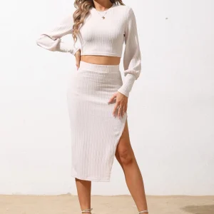 Casual Solid color round neck balloon sleeve top split slim fit hip skirt set