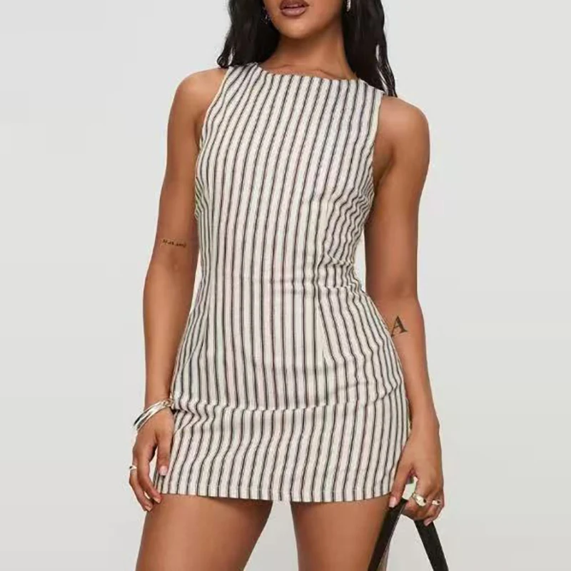 Casual Striped Print Round Neck Sleeveless Party Lace-Up Waist A-Line Dress - Image 3