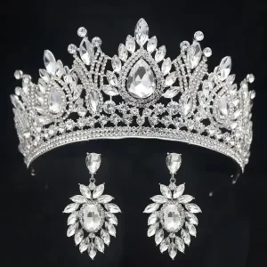 Rhinestone Crystal Geometric Pearl Bead Hairwear Bridal Wedding Crown Set
