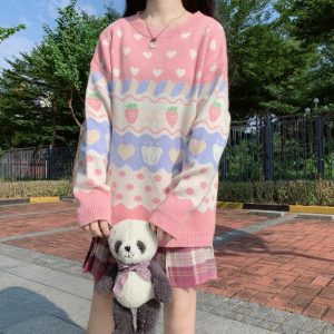 Cute Strawberry Print Long-Sleeved Pullover Knitted Sweater