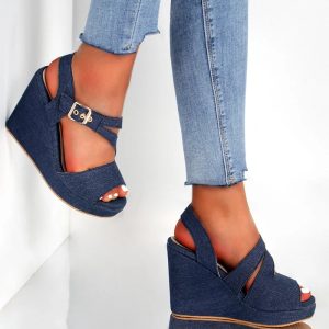Denim Peep Toe High Heel Sandals