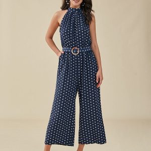 Dot Print Pocket Sleeveless Wide Leg Jumpsuit With Belt