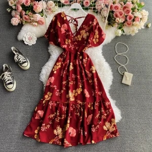 Dress for Women V-Neck Ruffles Lace-up Female Maxi Dresses Printing A-Line