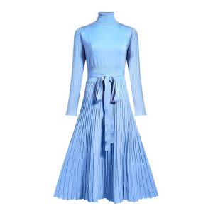 Elastic Pleated Knitted Long Sleeve Sweater Dress