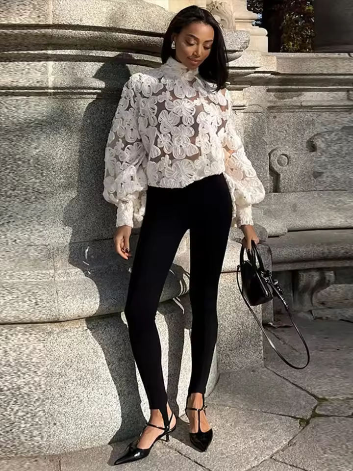 Elegant 3D Flower Lantern Long Sleeve Patchwork Mesh Shirts