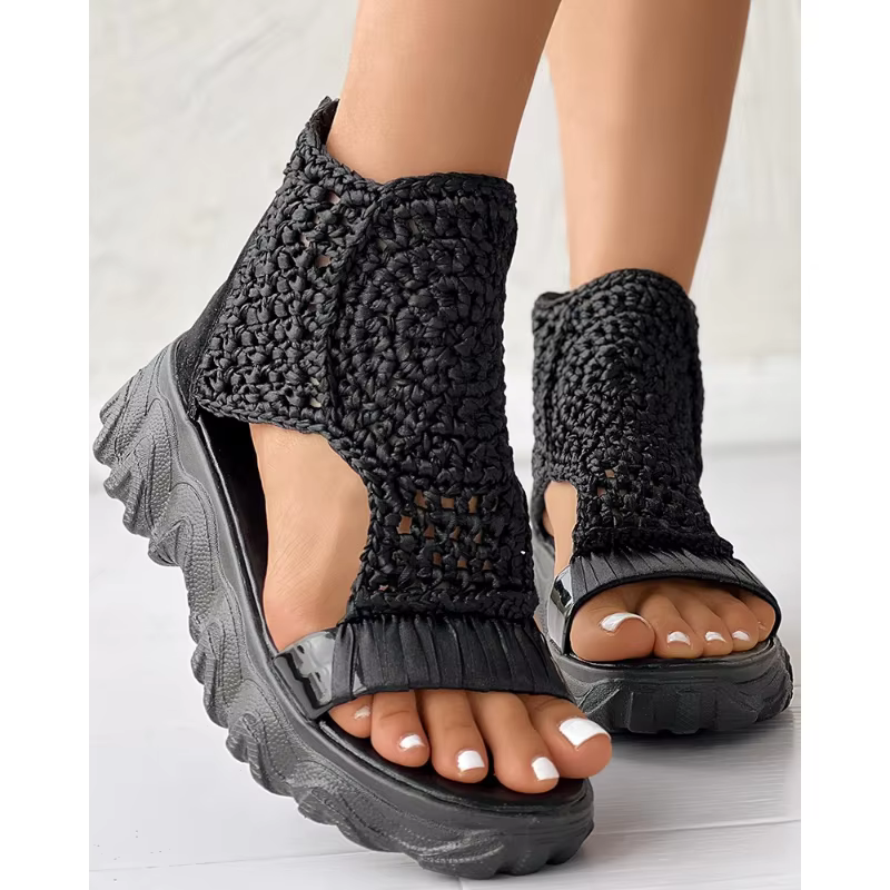 Elegant Braided Geometric Wedge Knitted Elastic Mesh Flat Hollow Shoes