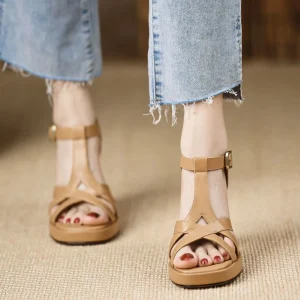 Elegant Chunky Leather Platform Sling-back Open Toe High Heels Sandals