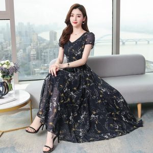 Elegant Floral V Neck Runway Chiffon Dress