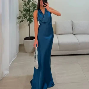 Elegant Halter Neck Satin Mermaid Sleeveless Floor-Length Maxi Dress