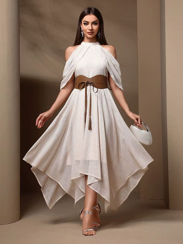 Elegant Hollow Out Asymmetrical Hem Halter Solid Mesh Midi Dresses