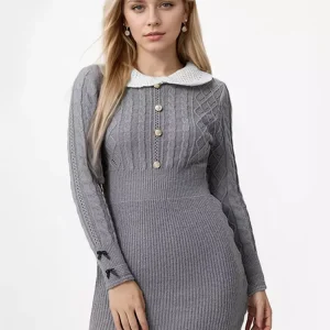 Elegant Long Sleeves Peter Pan Collar Knitted Mini Dress