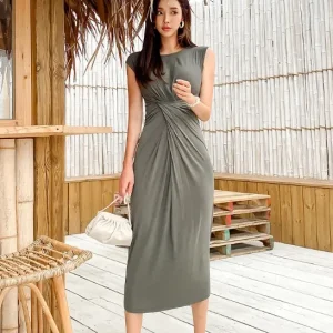 Elegant O neck Sleeveless Folds Bodycon Sheath Pencil Casual Office Party Dress