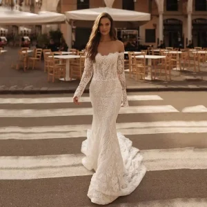 Elegant Off The Shoulder Full Sleeves Lace Floor-Length Wedding Maxi Dress