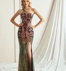 Elegant Sequin Sleeveless One-Shoulder Appliques Formal Evening Maxi Dresses