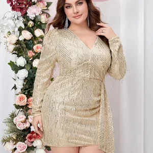 Elegant Sequin V-Neck Zipper Ribbon Plus Size Mini Dress