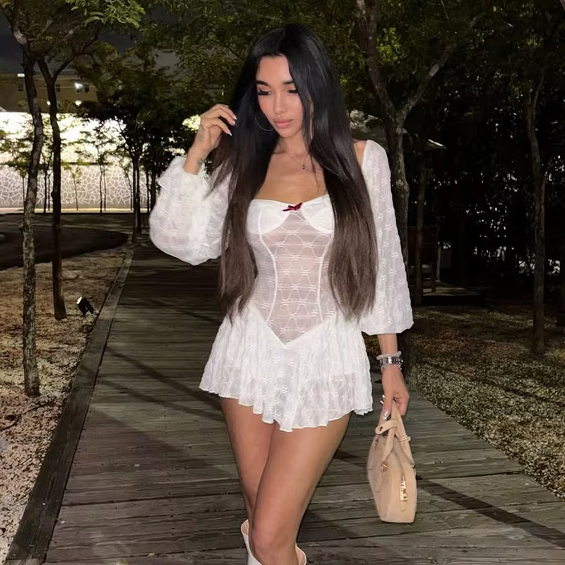 Elegant Splice Sweet Slim Pleated Bows Lace Stapless Long Sleeve Mini Dress