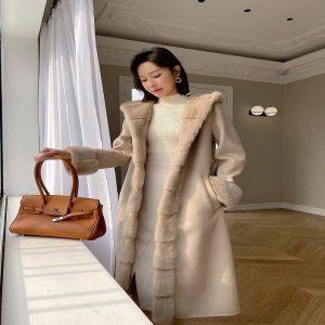 Fashion Double Side Wool Cardigan With Belt Hooded Coat