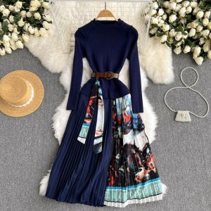Fashion Print Long Sleeve Belt Sweater Dress