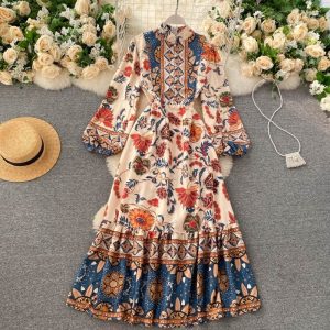 Fashion Stand Collar Puff Sleeve A-line  Streetwear Long Print Maxi Dress