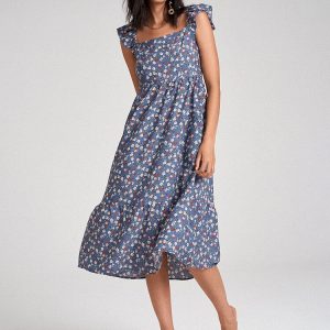 Floral Print Ruffle Sleeve Shirred Square Collar Midi Dress