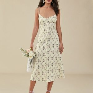 Floral Print Slit Backless Strap Midi Dress