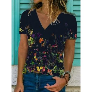 Floral Print V-neck Slim Short Sleeve Tops