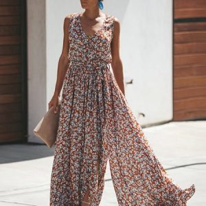 Floral Sleeveless V Neck Split  Maxi Dresses
