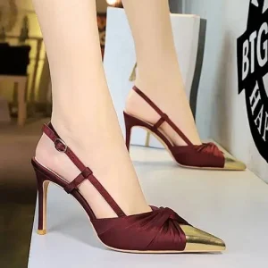 Formal Metal Pointed Tip Hollow Out Buckle Strap Stiletto Satin Bow High Heels