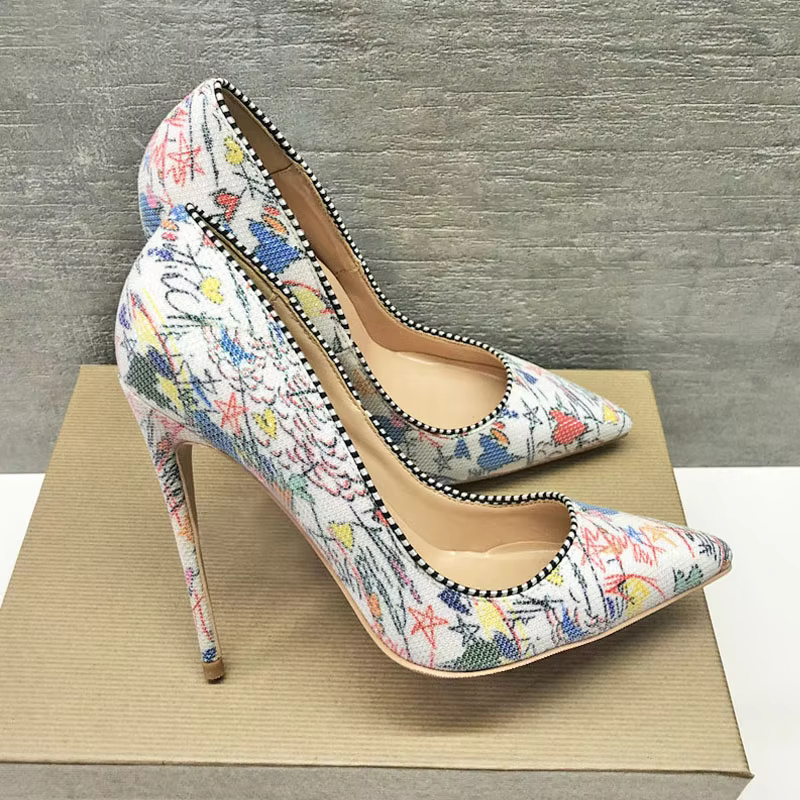 Graffiti Printed Stiletto High Heels Pointed Toe Slip On Shallow Pumps Wedding Shoes