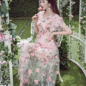High Quality V Collar Flower Decorated Flare Sleeve Long Dress