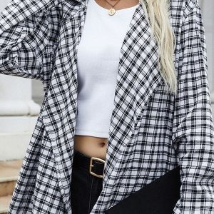 Jacket Turndown Collar Plaid Pattern Long Overcoat
