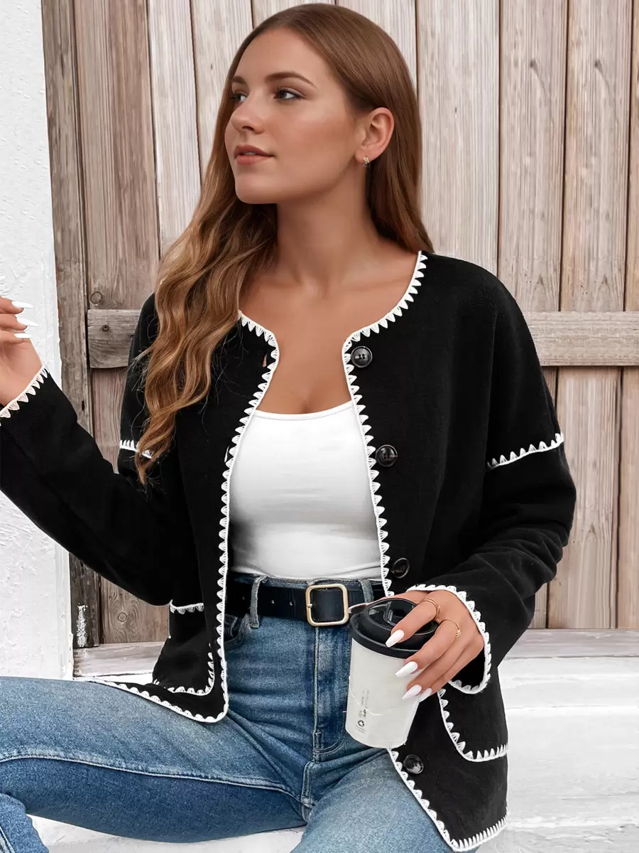Jewel Neck Two-Tone Buttons Long Sleeves Elegant And Vintage Jacket
