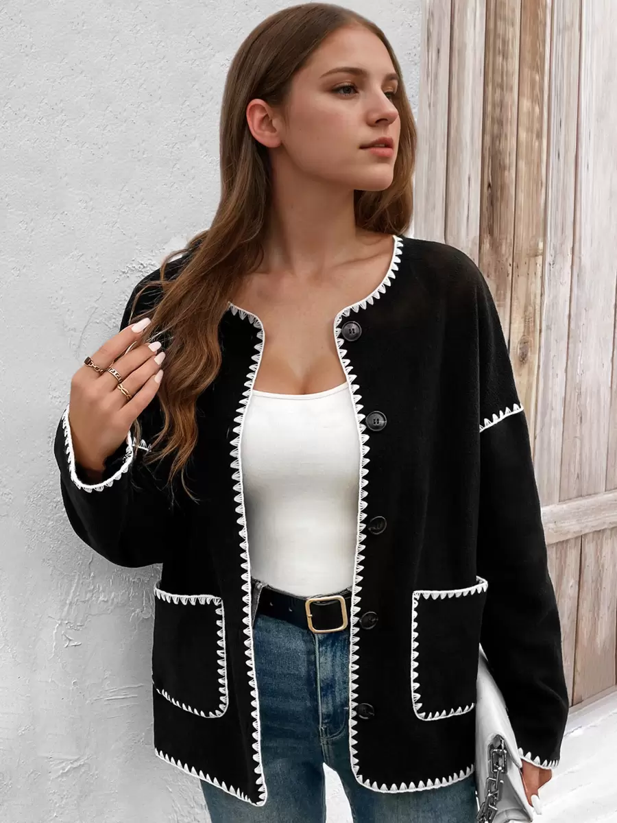 Jewel Neck Two-Tone Buttons Long Sleeves Elegant And Vintage Jacket - Image 2