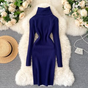 Korean Long Sleeve Slim Pencil Thicken Warm Bodycon Sweater Dress