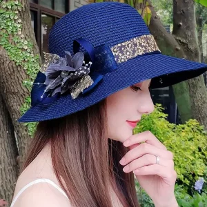 Lace Bowknot Flowers Ribbon Flat Top Straw Hat Beach Caps