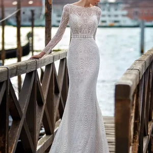 Lace Cut Out Mermaid With Train Natural Waist Backless Long Sleeves Jewel Neck Wedding Dress